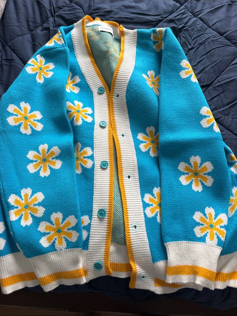 Turquoise Floral Button-Front Cardigan with Cream & Yellow Trim